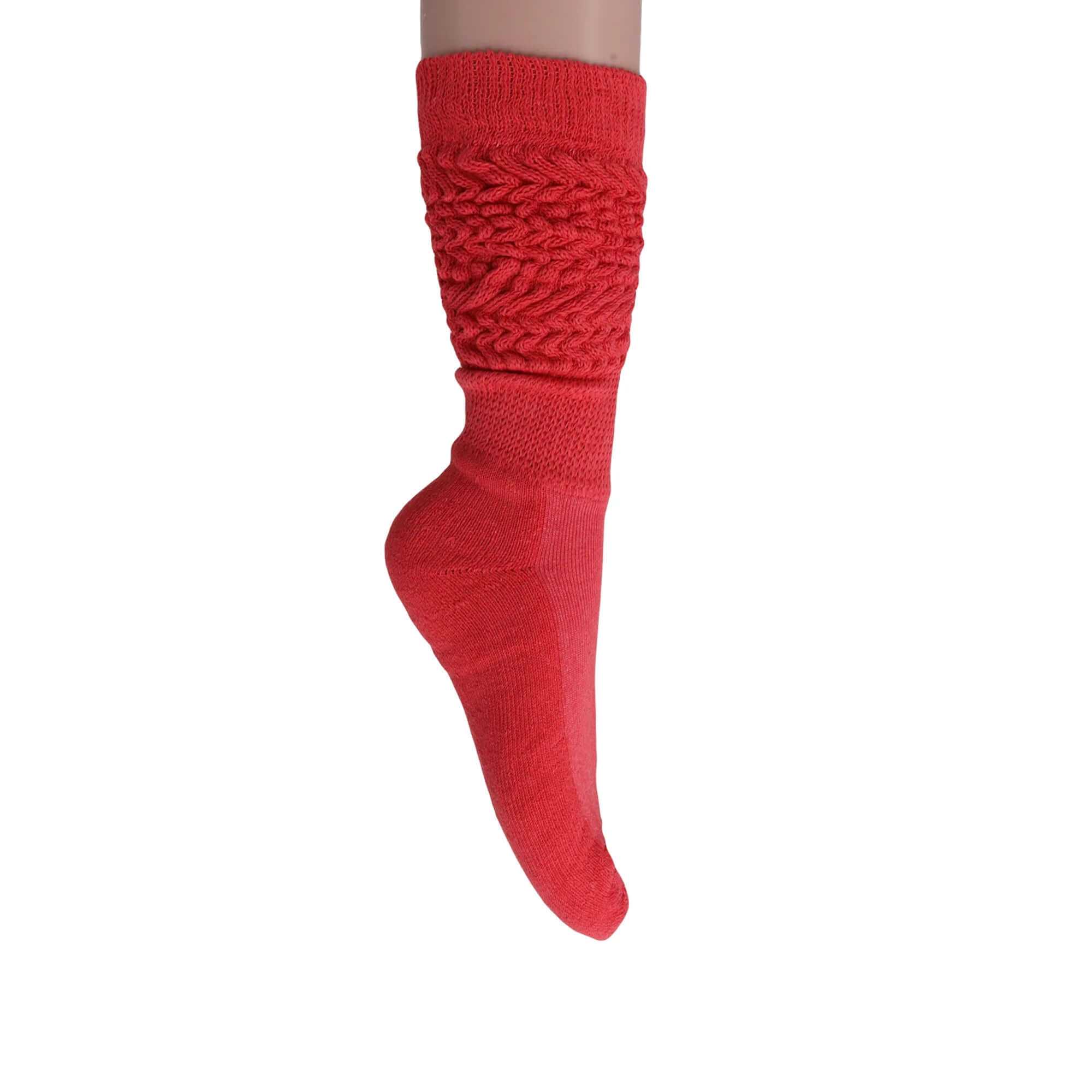 Red slouchy scrunch sock for women, made from soft cotton blend, showcasing a textured design.
