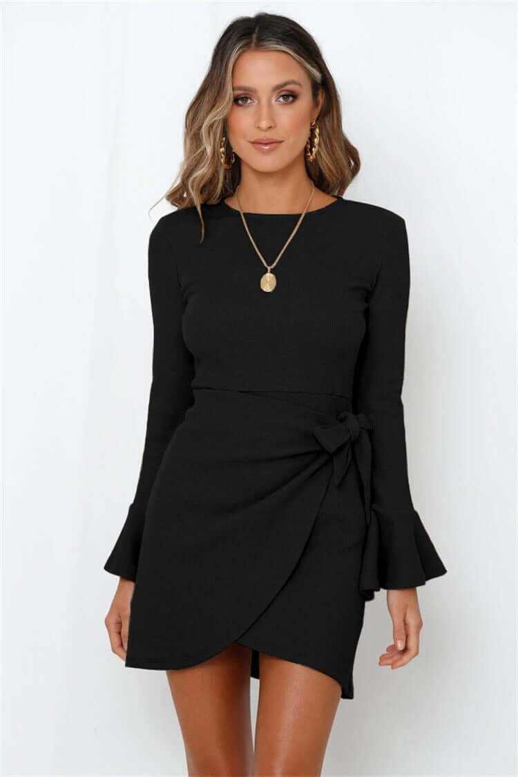 women's black ruffle long sleeve high waist dress with flare sleeves