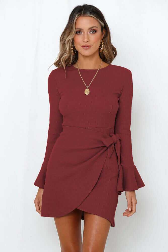 women's burgundy ruffle long sleeve dress with high waist and flare sleeves