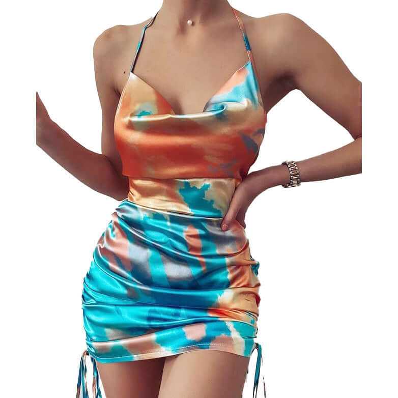 Women's sexy backless A-line suspender skirt dress in colorful tie-dye pattern, perfect for summer outings.