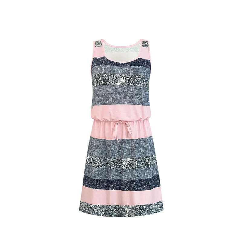 women's sleeveless wrap dress with color-block stripes and adjustable waist tie