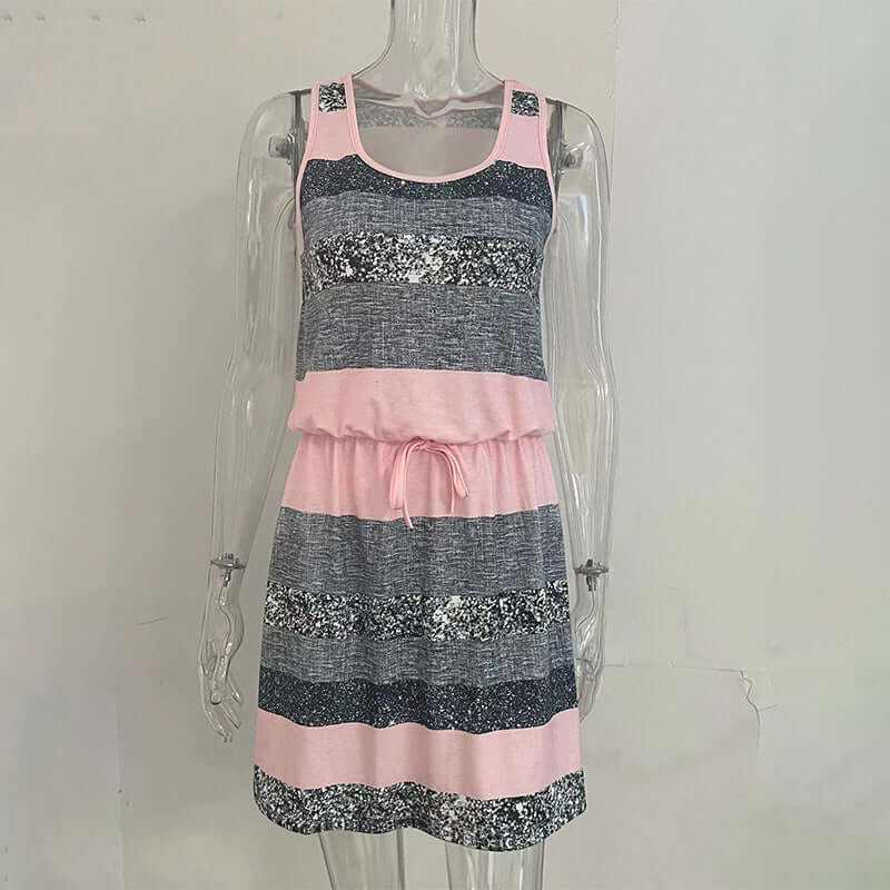 Women's sleeveless wrap dress with playful horizontal color-block stripes and adjustable waist tie