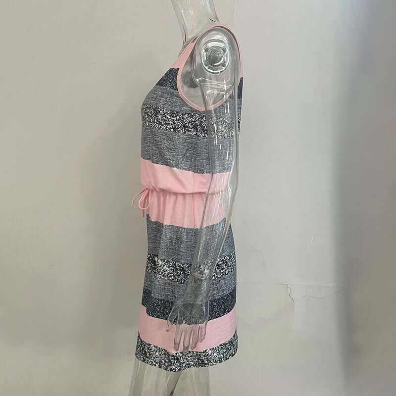 womens sleeveless wrap dress with pink and gray horizontal stripes on mannequin side view