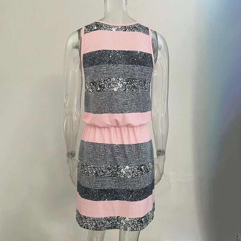 women's sleeveless wrap dress with pink and gray horizontal stripes on mannequin