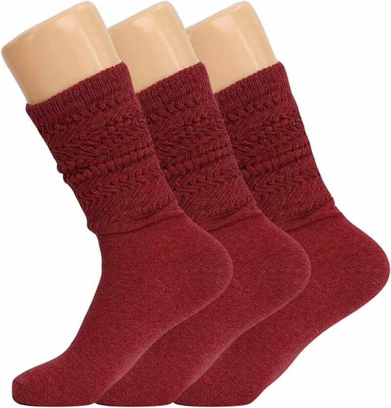 Set of three women's slouch knee high socks in burgundy, featuring a cozy, textured design for all-day comfort.