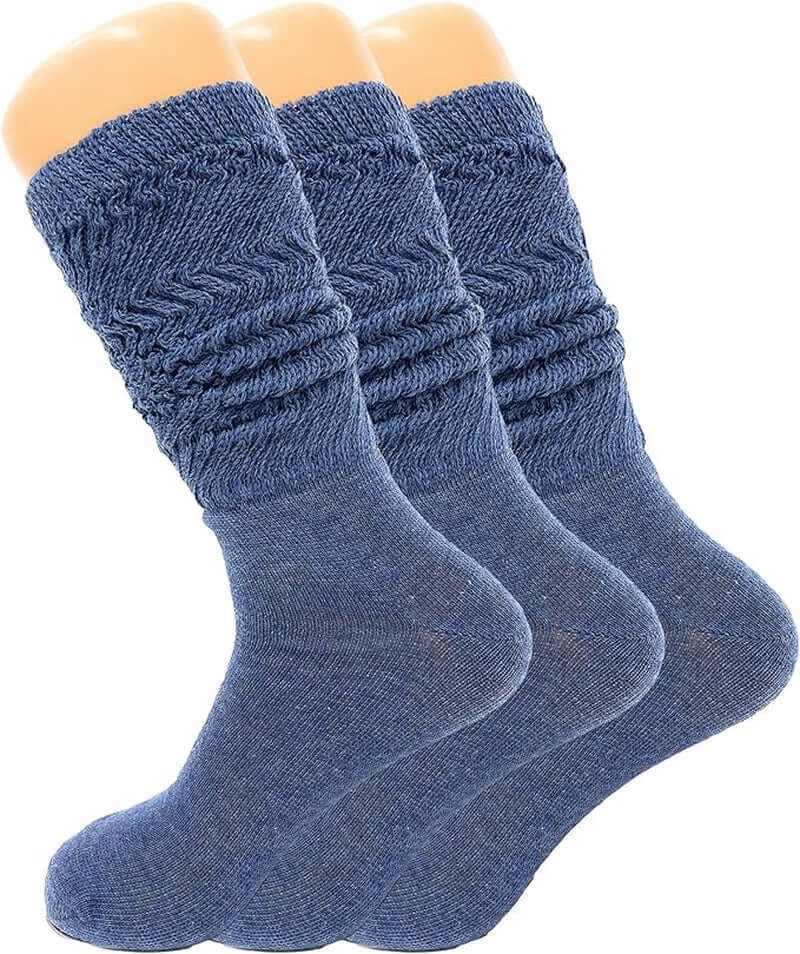 Three pairs of women's slouch knee high socks in blue, showcasing soft and breathable fabric for all-day comfort.