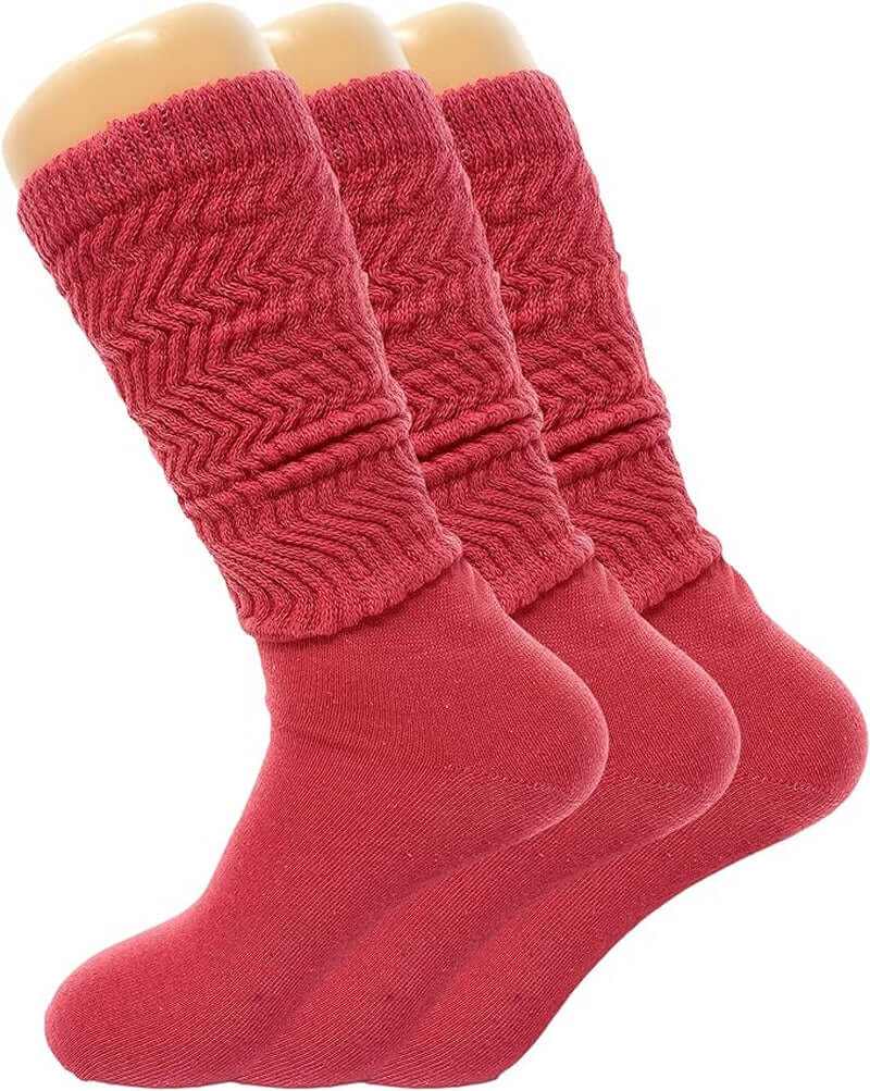 Women's slouch knee high socks, 3 pairs in a trendy red color, featuring a cozy, breathable design for all-day comfort.