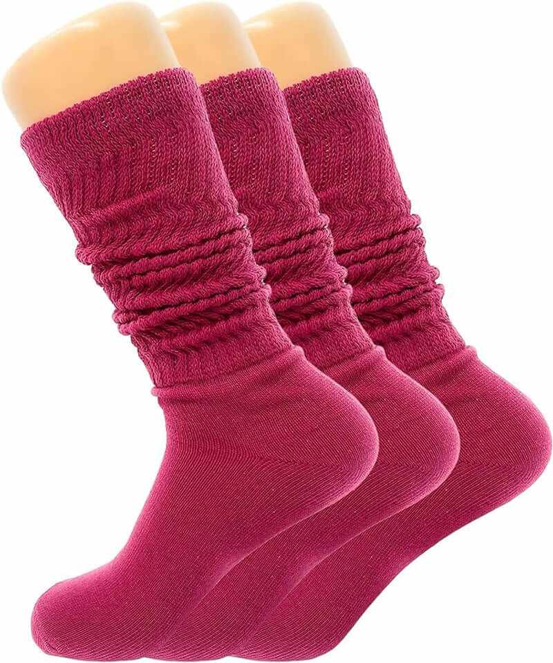 Three pairs of women's slouch knee high socks in deep pink, soft and breathable for all-day comfort.
