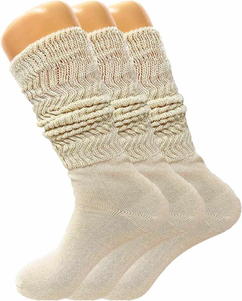 Three pairs of women's slouch knee high socks in soft beige, designed for comfort and style, suitable for all-season wear.