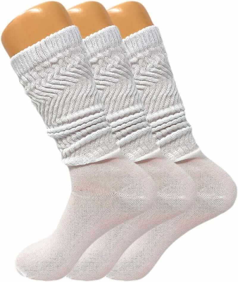 Set of 3 Women's slouch knee high socks in white, featuring a textured design for comfort and style.
