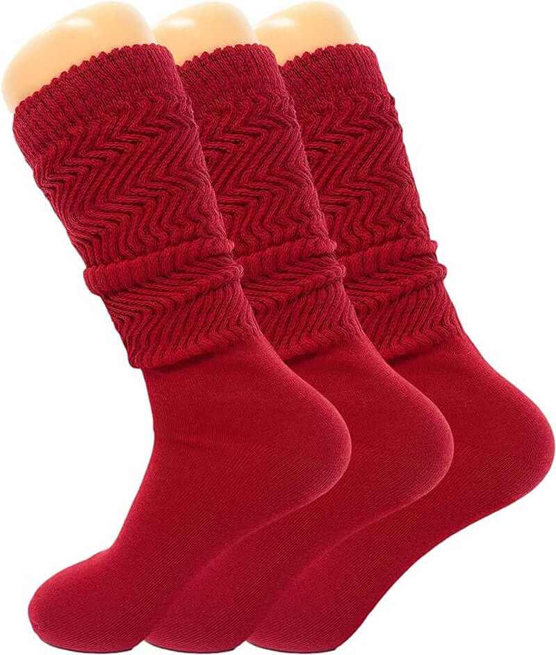 Three pairs of red women's slouch knee-high socks featuring a cozy, textured design for all-season comfort.