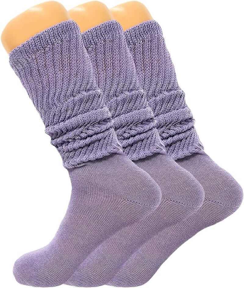 Three pairs of women's slouch knee high socks in soft purple, perfect for all-season wear and stylish comfort.