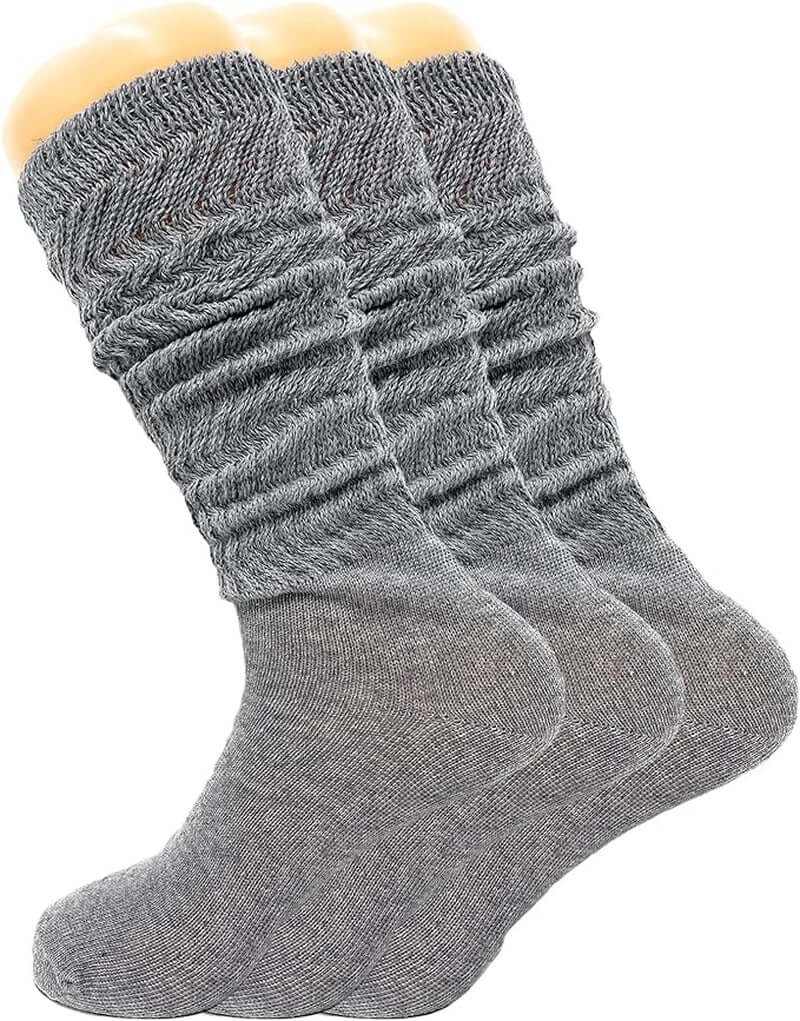 Three pairs of women's slouch knee-high socks in gray, featuring a soft, breathable design for all-day comfort.