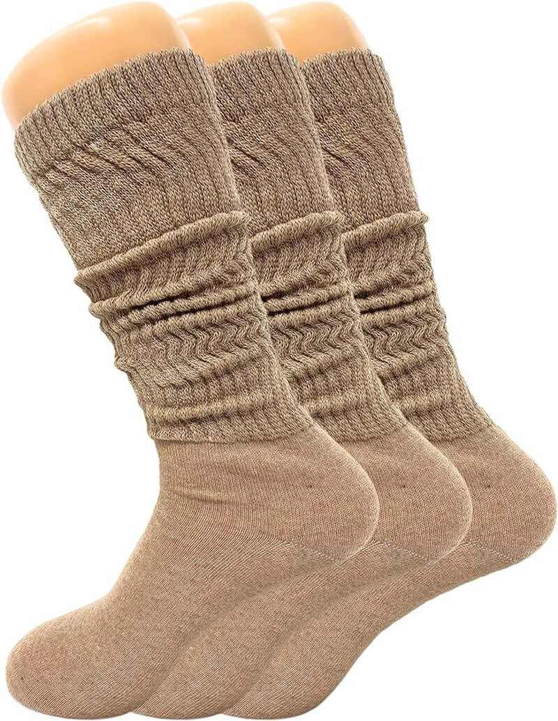 Three pairs of women's slouch knee high socks in beige, featuring a soft and breathable design for comfort.