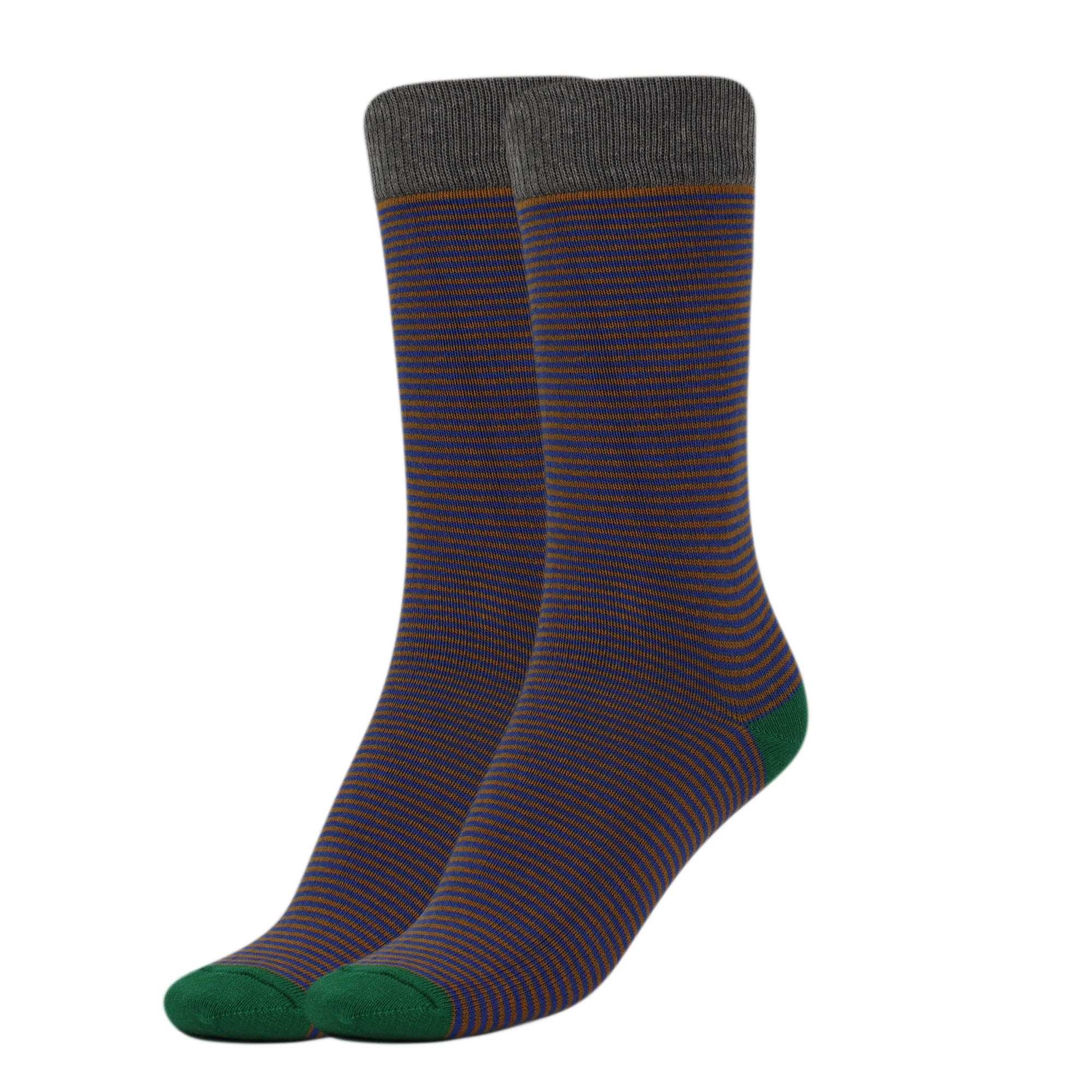Women’s Striped Cotton Crew Socks in gray, purple, and green, soft and breathable, ideal for casual wear.
