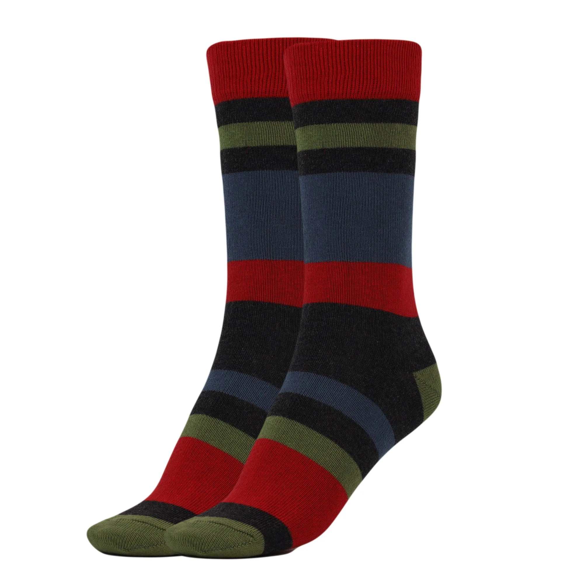 Women’s Striped Cotton Crew Socks in red, green, and navy, soft and breathable, size 9-11, perfect for casual wear.