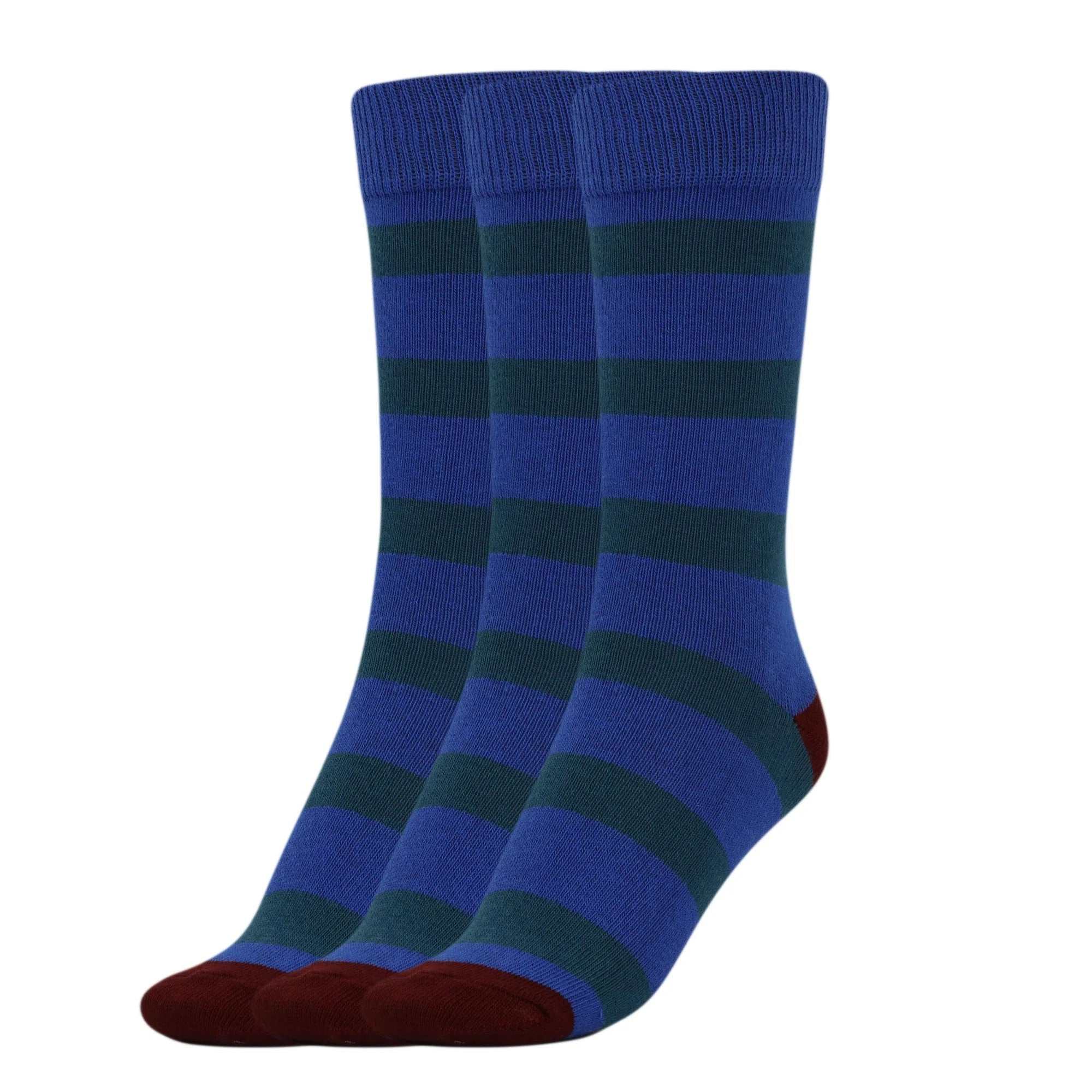 Three pairs of women's striped cotton crew socks in blue and dark green with maroon toes, soft and breathable.