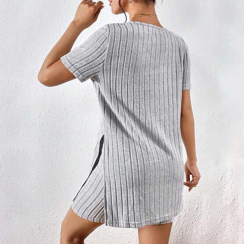 Womens grey ribbed knit lounge set featuring a short sleeve V-neck tee and shorts, ideal for summer lounging.