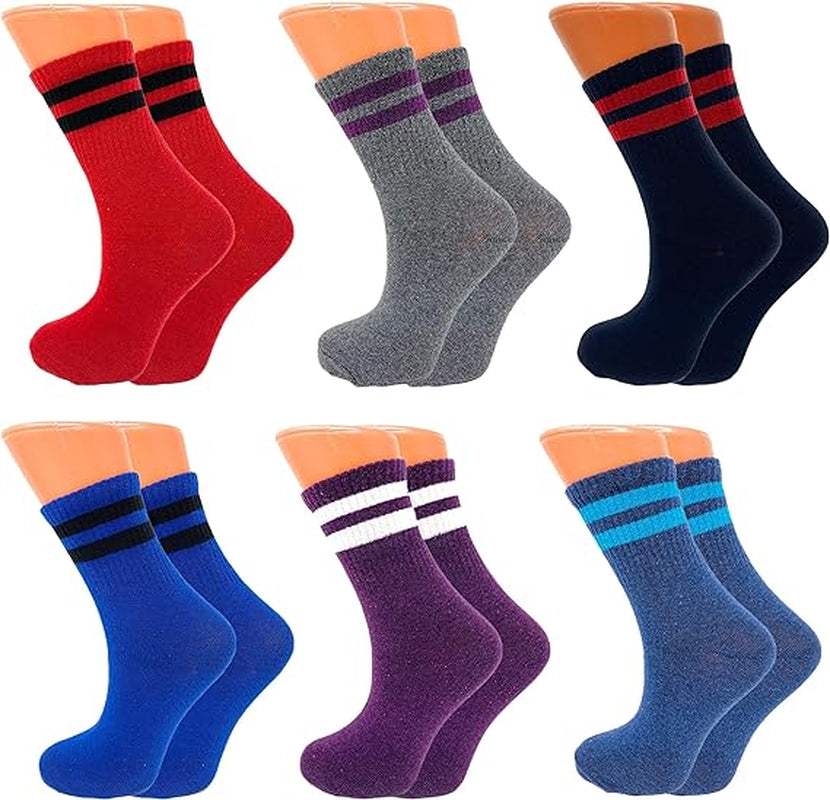 Pack of 6 pairs women's tennis crew socks in multiple colors with dual stripe design, breathable cotton blend, lightweight and moisture-wicking for active wear.