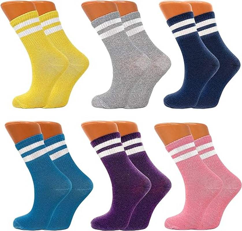 Pack of 6 pairs women's tennis crew socks in various colors with 2-stripe design, moisture-wicking and breathable cotton blend for sports and casual wear