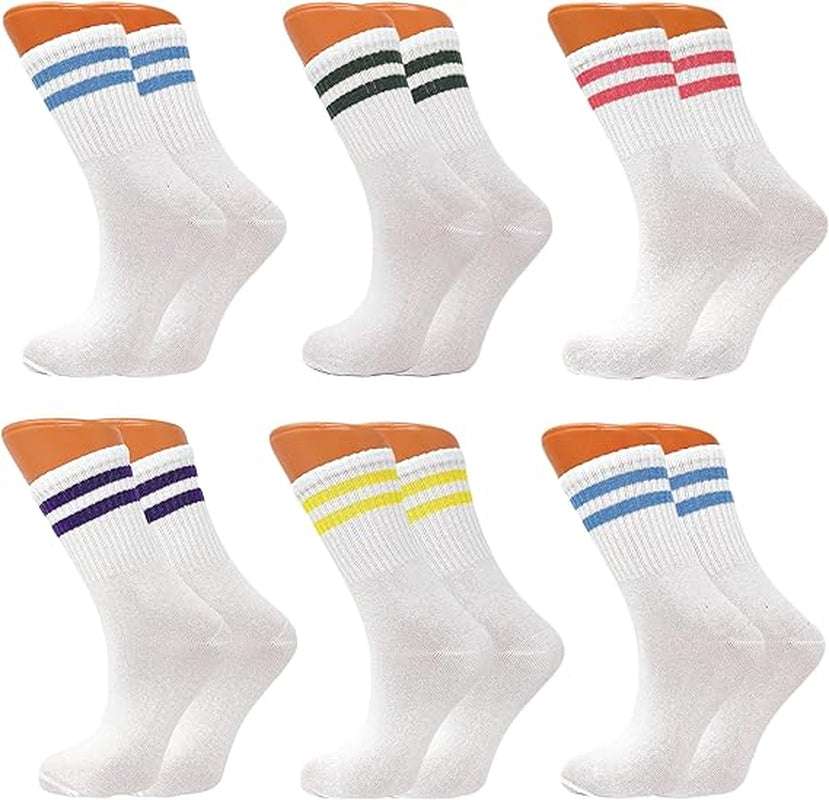 Pack of 6 pairs women's tennis crew socks with moisture-wicking cotton blend and sporty stripe design