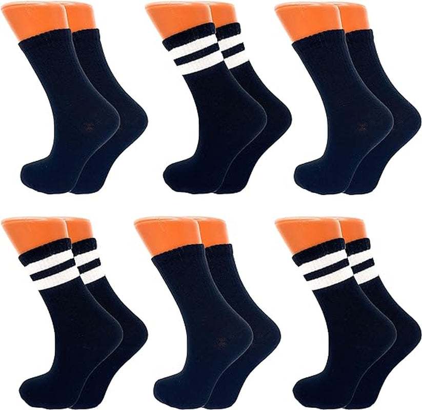 Pack of 6 pairs women’s tennis crew socks in black with white stripes, breathable and lightweight design for sports and casual wear