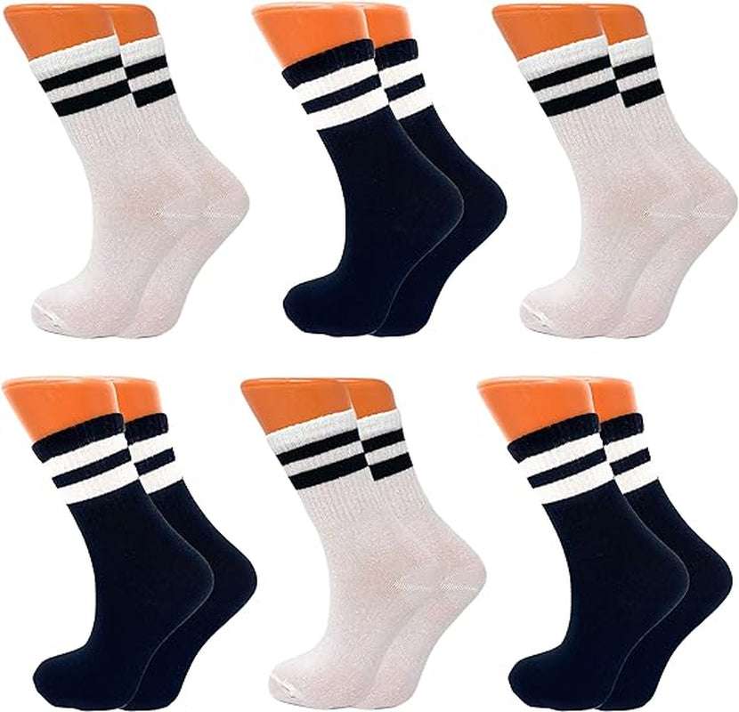 Pack of 6 pairs women's tennis crew socks with breathable cotton blend and sporty two-stripe design in white and navy colors