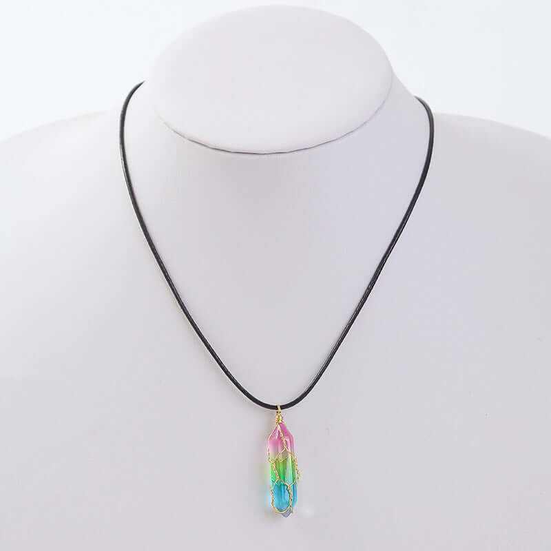 Women's geometric crystal necklace with colorful diamond pendant on a black cord, perfect for fashion-forward styles.