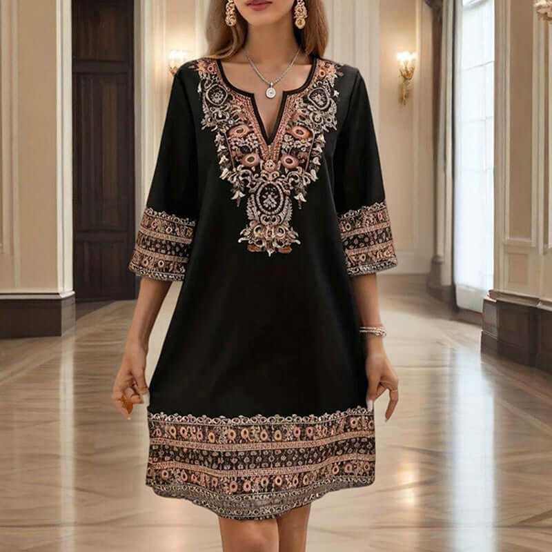 Women's V-neck Middle Eastern style floral print midi dress with elegant sleeve design and lightweight fabric