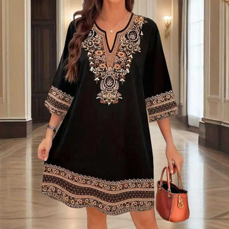 Women's V-neck Middle Eastern style floral print midi dress with elegant sleeve design and lightweight polyester fabric