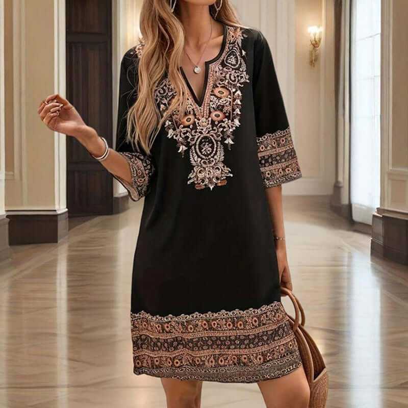 Women's V-neck Middle Eastern style floral print midi dress with intricate patterns and mid-length sleeves in breathable lightweight fabric