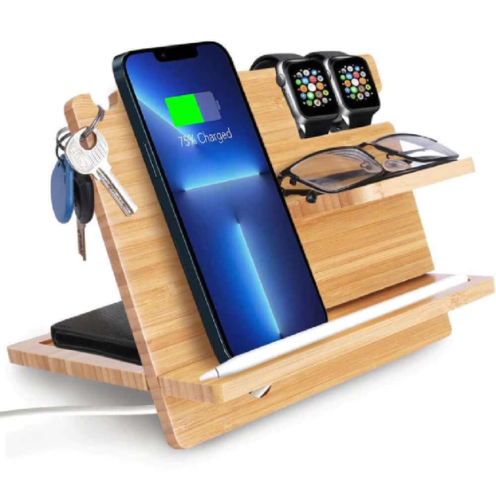 Wooden phone accessory organizer with charging phone, smartwatches, glasses, and key holder.