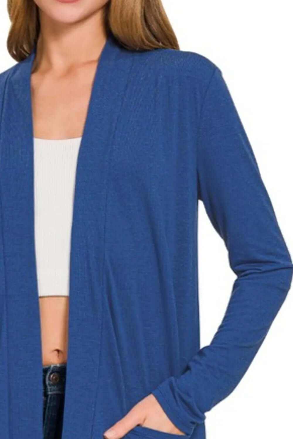 Zenana slouchy lightweight open front pocket cardigan in blue, perfect for layering and casual style.