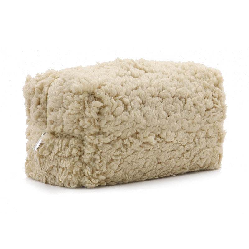 Zipper closure plush cosmetics bag in beige towel cloth for daily female use