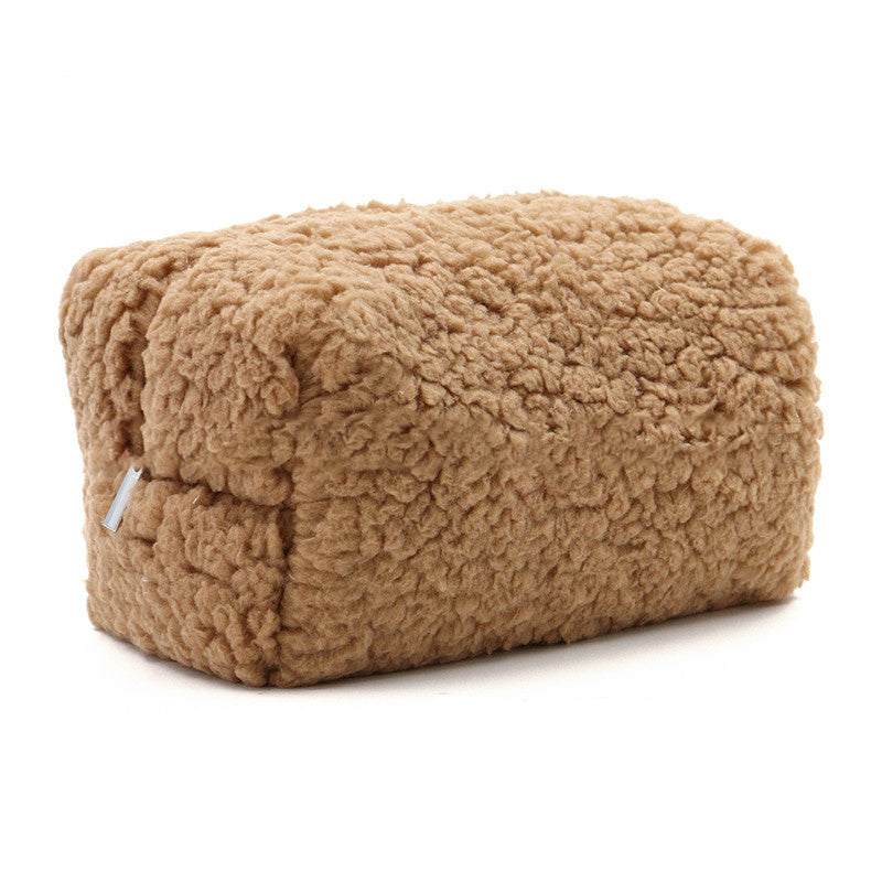 Brown zipper closure plush cosmetics bag made of towel cloth for daily storage